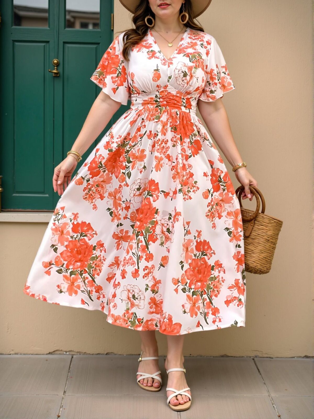 Elegant Orange Romantic Floral Print V-Neck Cinched Waist Ruched A-Line Dress Perfect for Spring and Summer Outings "Chic, Classy and Trendy Fashion Style to Dress to Impress" - Image 3