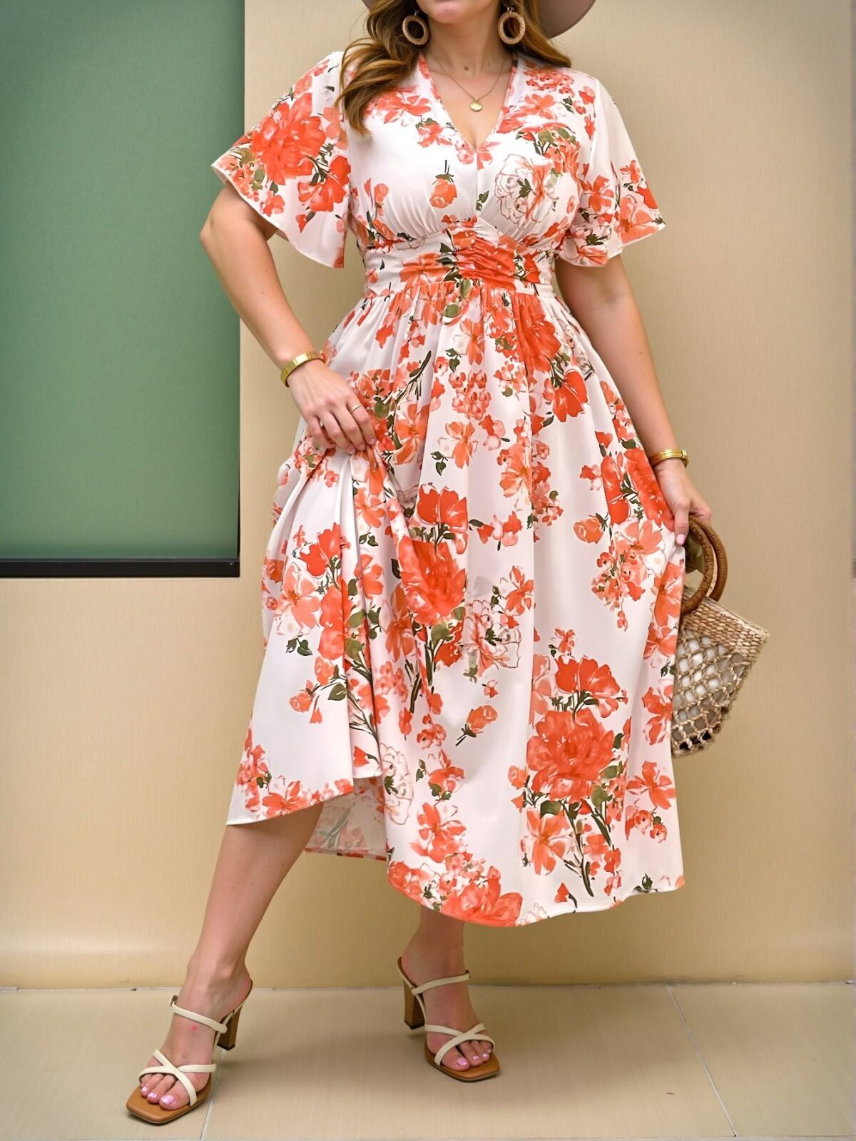 Elegant Orange Romantic Floral Print V-Neck Cinched Waist Ruched A-Line Dress Perfect for Spring and Summer Outings "Chic, Classy and Trendy Fashion Style to Dress to Impress" - Image 5