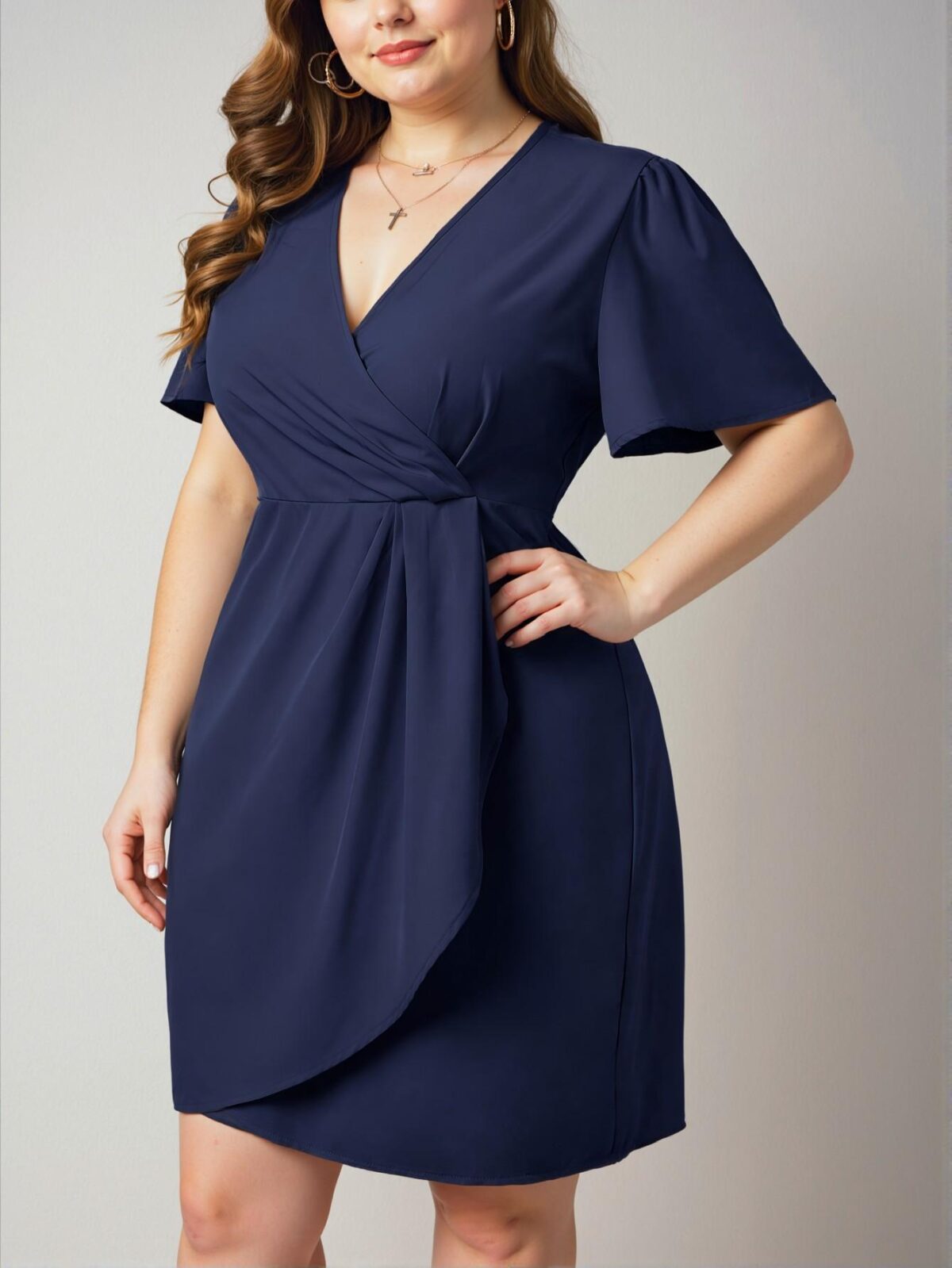 Elegant Royal Blue Stylish Plus Size V-Neck Flounce Sleeve Casual Mini Dress for Spring and Summer - Chic, Classy and Trendy Fashion Style to Dress to Impress - Image 4
