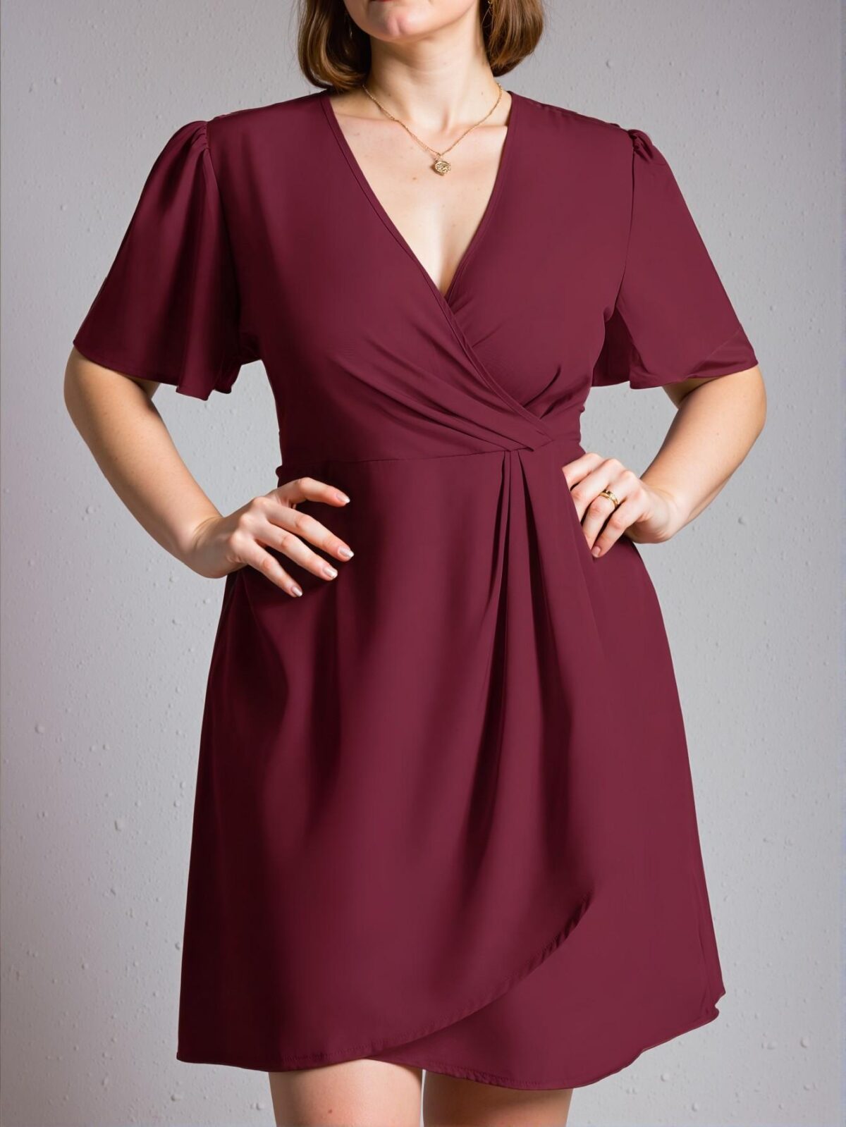 Elegant Burgundy Stylish V-Neck Short Puff Sleeve Wrap Dress for Business Casual Looks in Spring and Summer - Chic, Classy and Trendy Fashion Style to Dress to Impress
