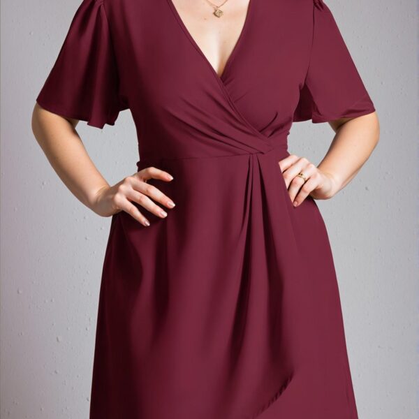 Elegant Burgundy Stylish V-Neck Short Puff Sleeve Wrap Dress for Business Casual Looks in Spring and Summer - Chic, Classy and Trendy Fashion Style to Dress to Impress
