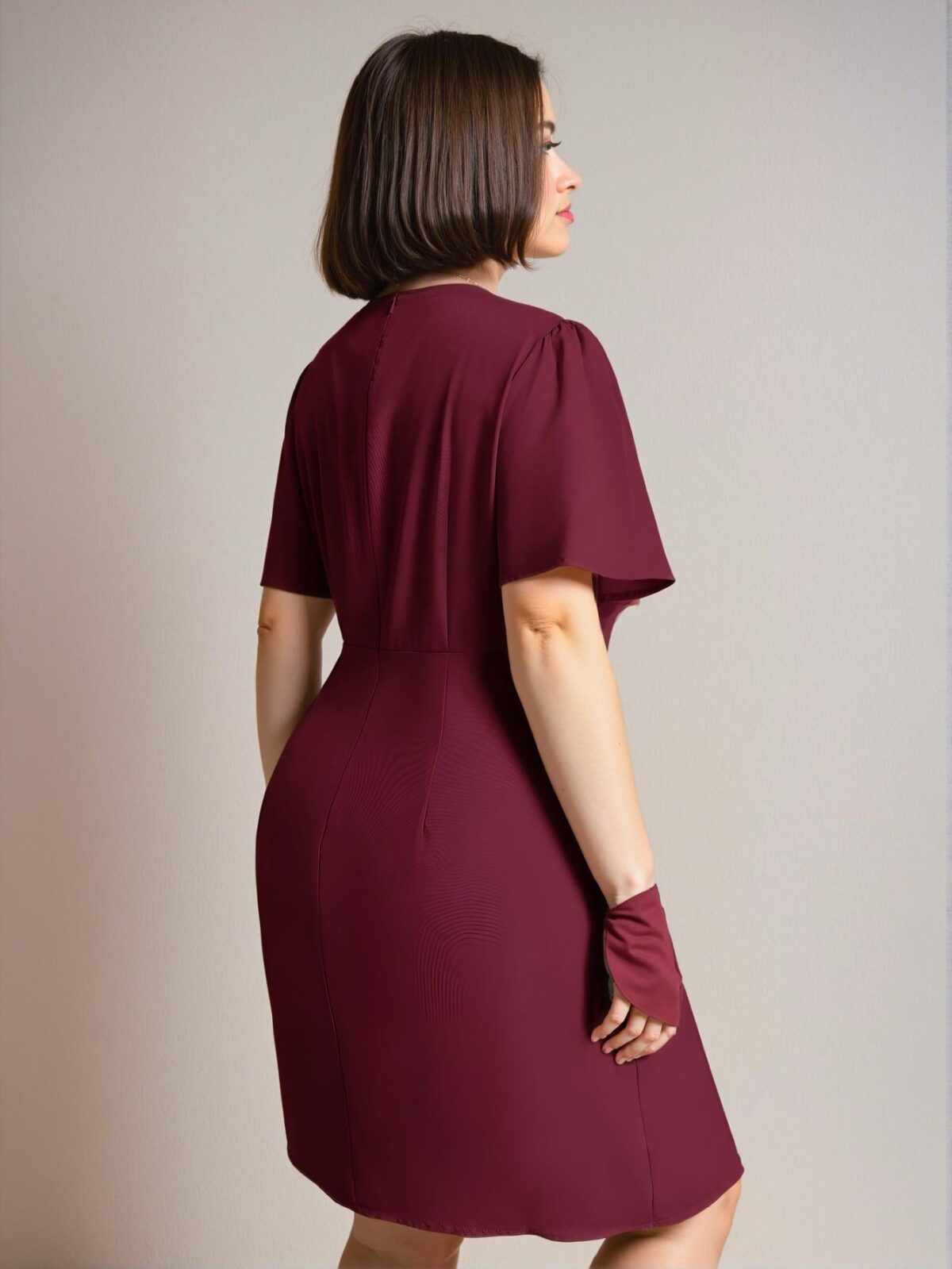 Elegant Burgundy Stylish V-Neck Short Puff Sleeve Wrap Dress for Business Casual Looks in Spring and Summer - Chic, Classy and Trendy Fashion Style to Dress to Impress - Image 2