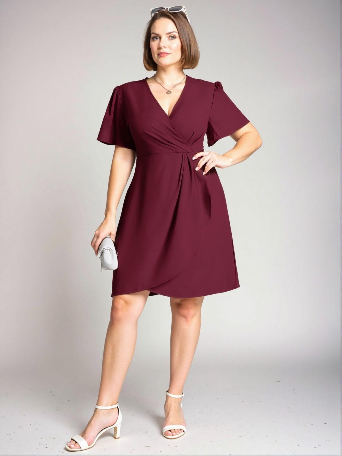 Elegant Burgundy Stylish V-Neck Short Puff Sleeve Wrap Dress for Business Casual Looks in Spring and Summer - Chic, Classy and Trendy Fashion Style to Dress to Impress - Image 3