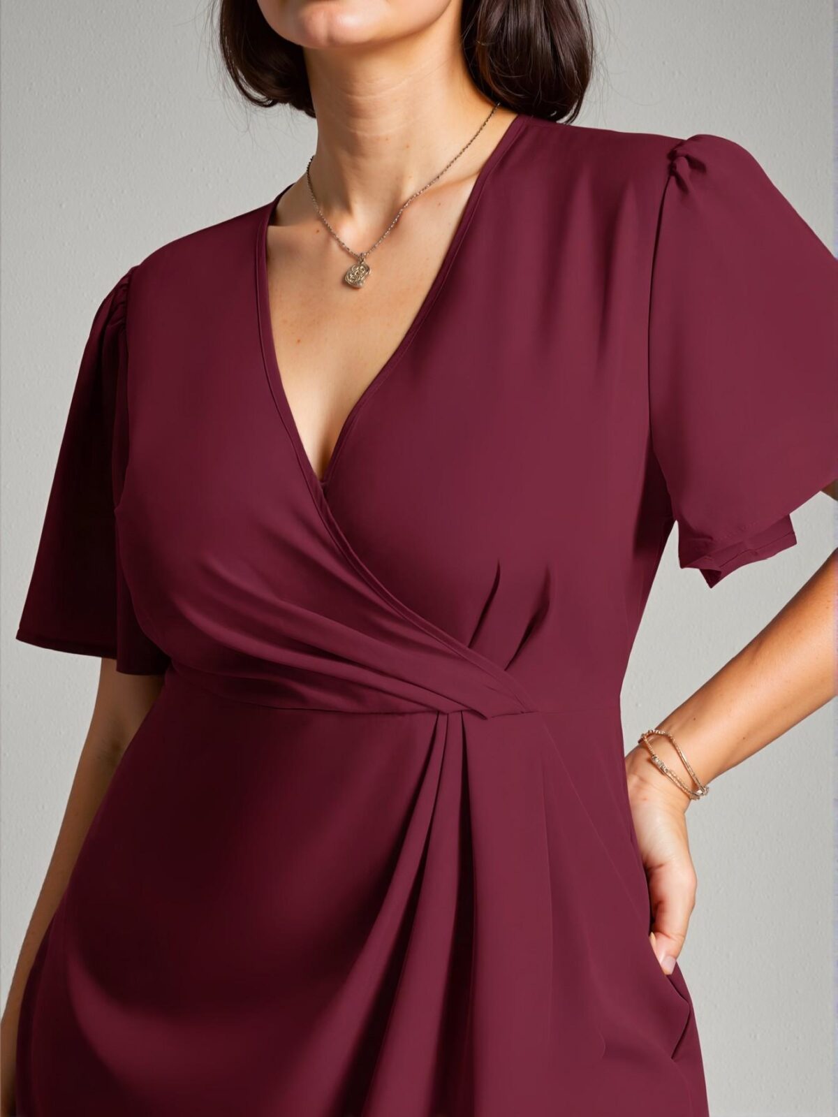 Elegant Burgundy Stylish V-Neck Short Puff Sleeve Wrap Dress for Business Casual Looks in Spring and Summer - Chic, Classy and Trendy Fashion Style to Dress to Impress - Image 4