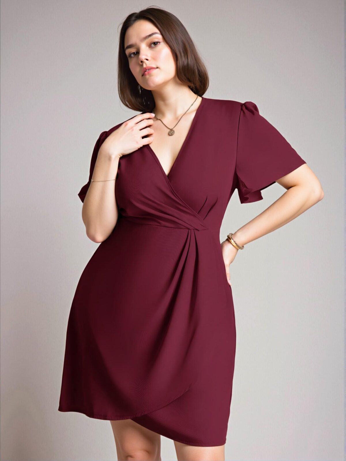 Elegant Burgundy Stylish V-Neck Short Puff Sleeve Wrap Dress for Business Casual Looks in Spring and Summer - Chic, Classy and Trendy Fashion Style to Dress to Impress - Image 5