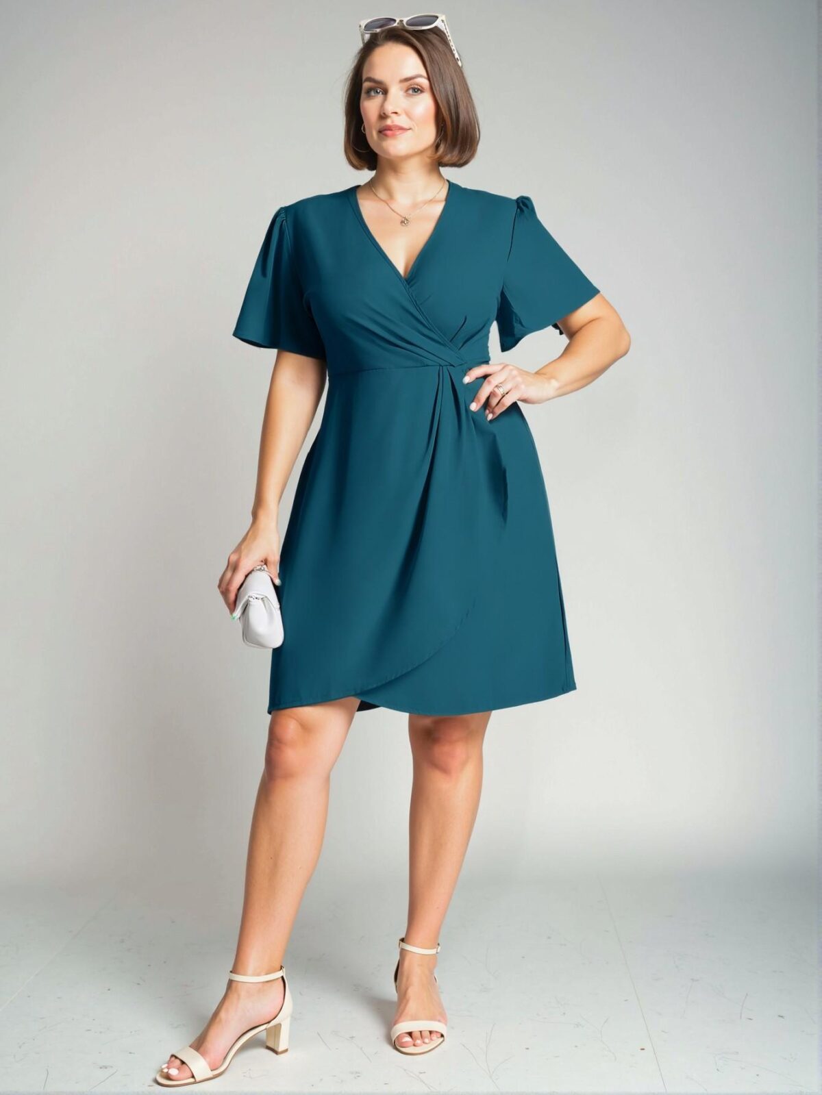 Elegant Blue Casual V-Neck Short Sleeve A-Line Dress for Business & Everyday Wear - Chic, Classy and Trendy Fashion Style to Dress to Impress - Image 3