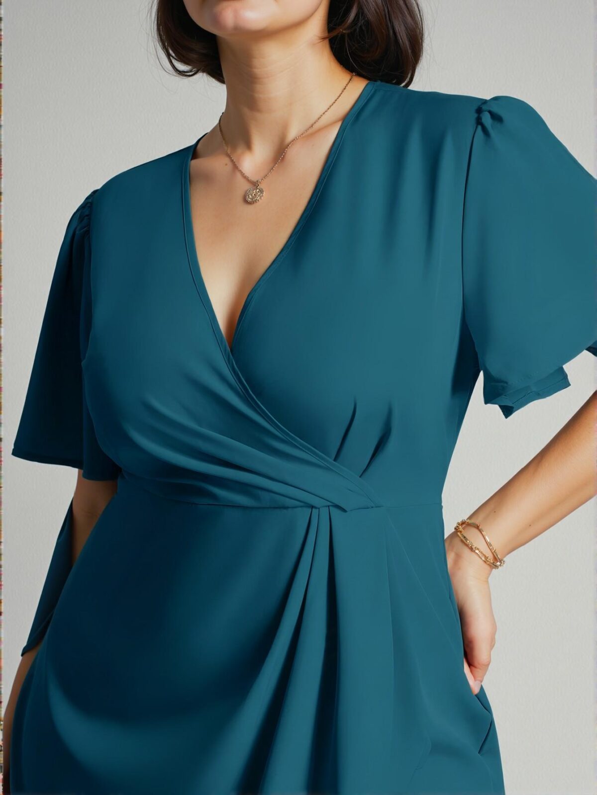 Elegant Blue Casual V-Neck Short Sleeve A-Line Dress for Business & Everyday Wear - Chic, Classy and Trendy Fashion Style to Dress to Impress - Image 4