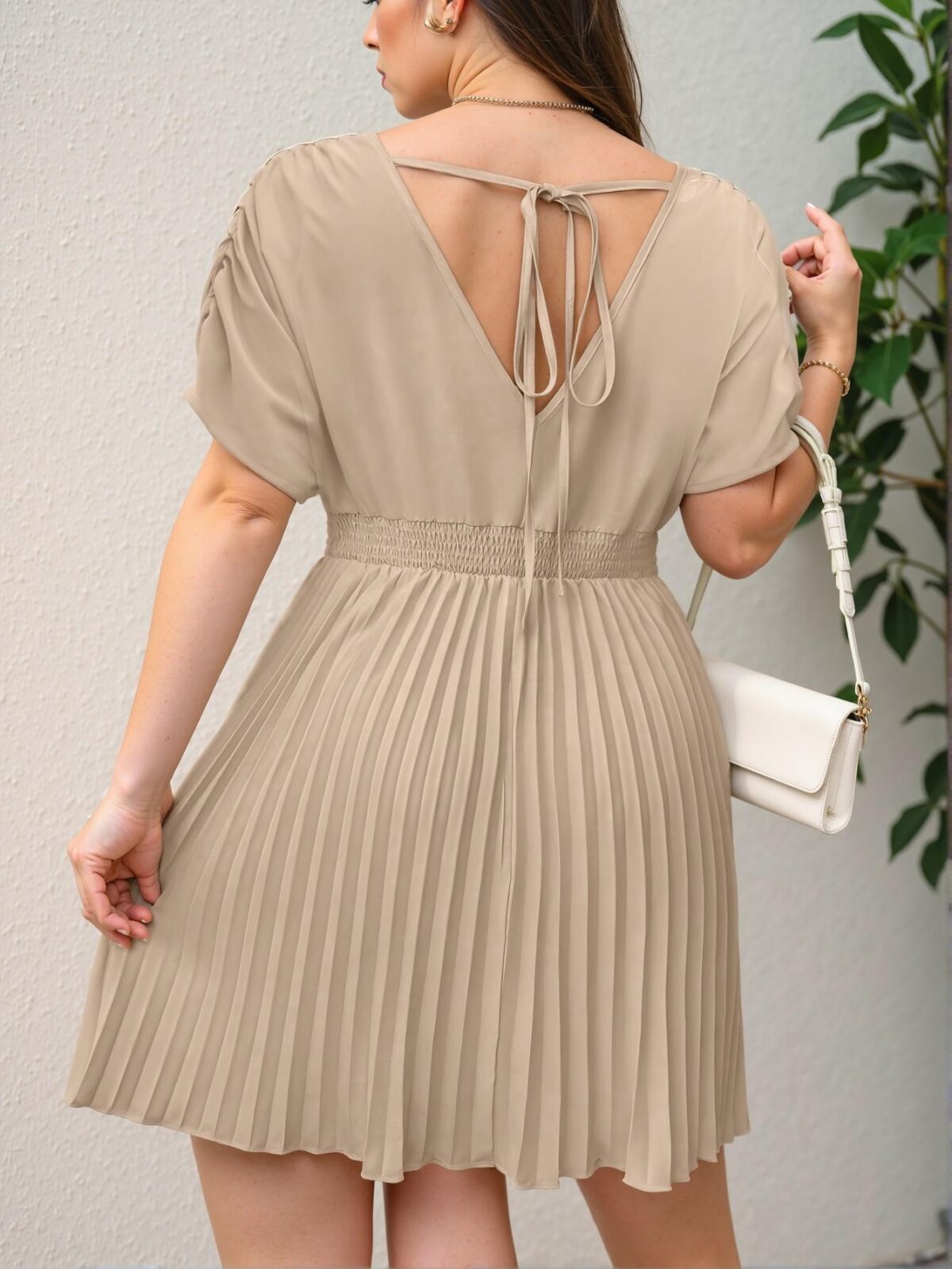 Elegant Apricot Chic V-Neck Batwing Sleeve Pleated Hem Dress for Casual Spring and Summer Occasions - Chic, Classy and Trendy Fashion Style to Dress to Impress