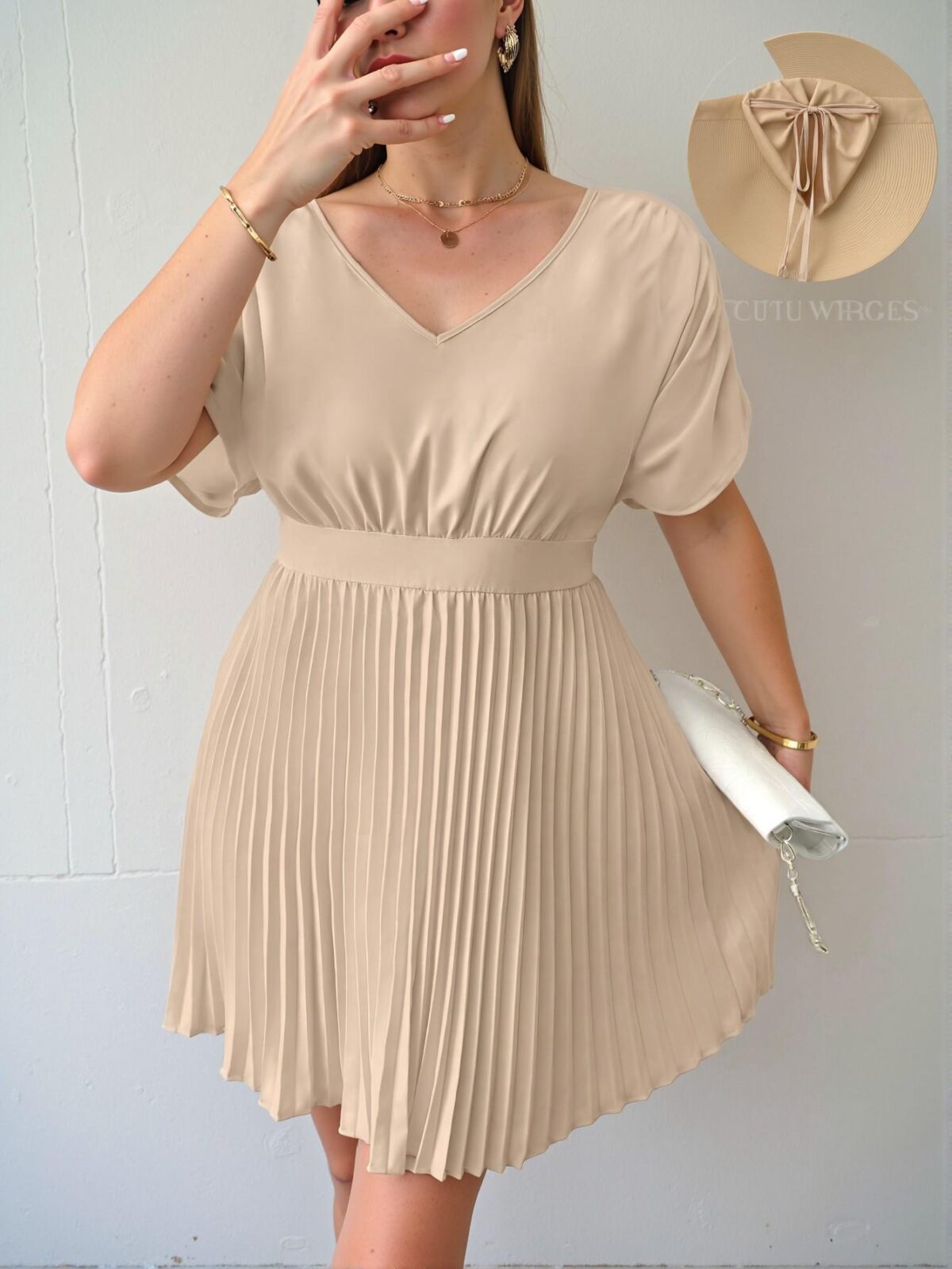Elegant Apricot Chic V-Neck Batwing Sleeve Pleated Hem Dress for Casual Spring and Summer Occasions - Chic, Classy and Trendy Fashion Style to Dress to Impress - Image 2