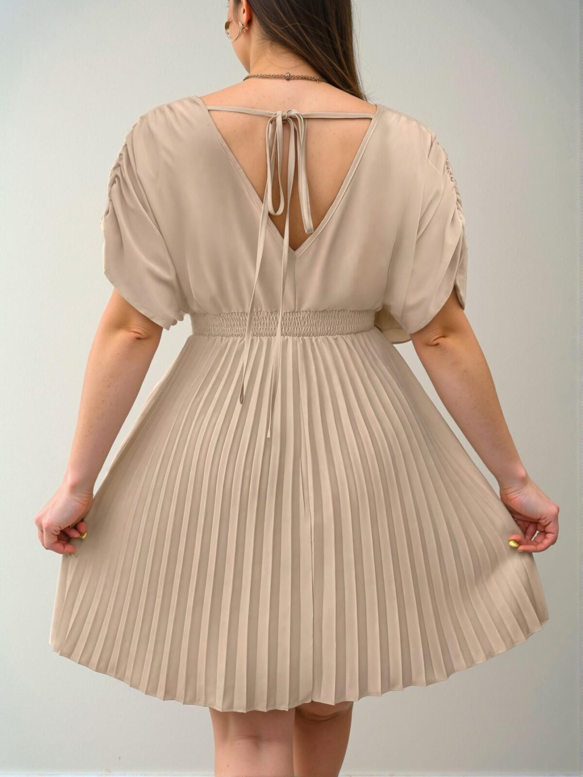 Elegant Apricot Chic V-Neck Batwing Sleeve Pleated Hem Dress for Casual Spring and Summer Occasions - Chic, Classy and Trendy Fashion Style to Dress to Impress - Image 3