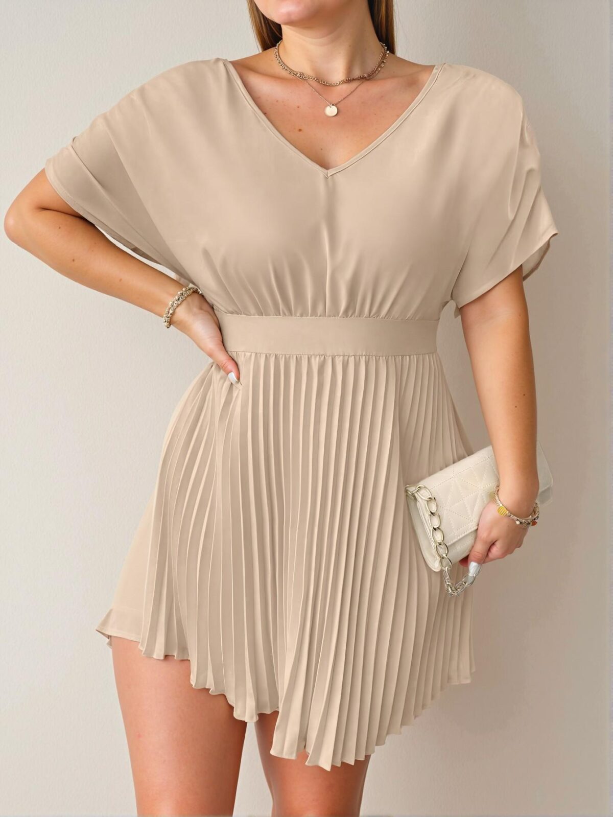 Elegant Apricot Chic V-Neck Batwing Sleeve Pleated Hem Dress for Casual Spring and Summer Occasions - Chic, Classy and Trendy Fashion Style to Dress to Impress - Image 5