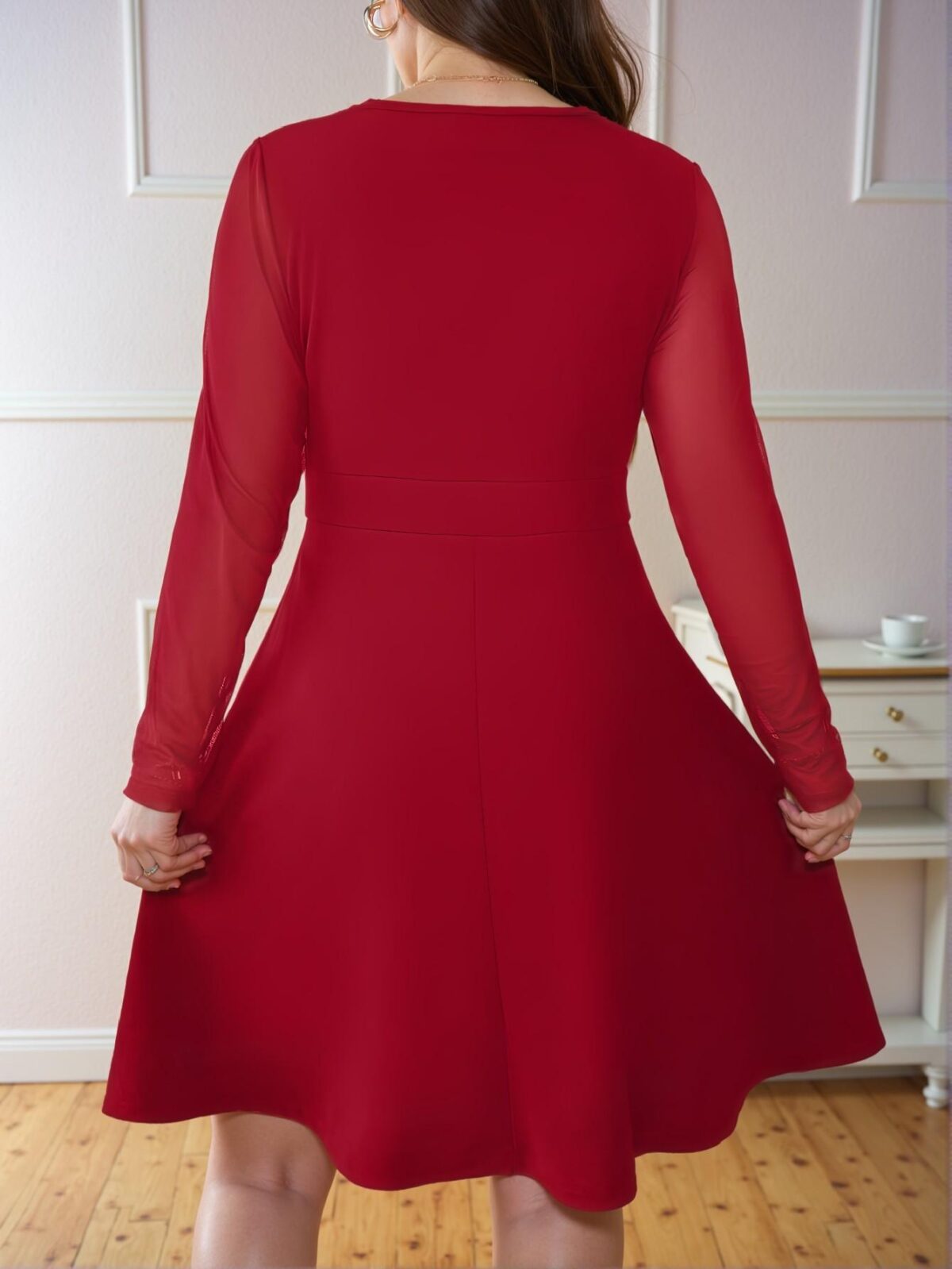 Elegant Burgundy A-Line Dress with Overlapping V-Neck and Long Bishop Sleeves for Spring and Summer Gatherings - Chic, Classy and Trendy Fashion Style to Dress to Impress - Image 2