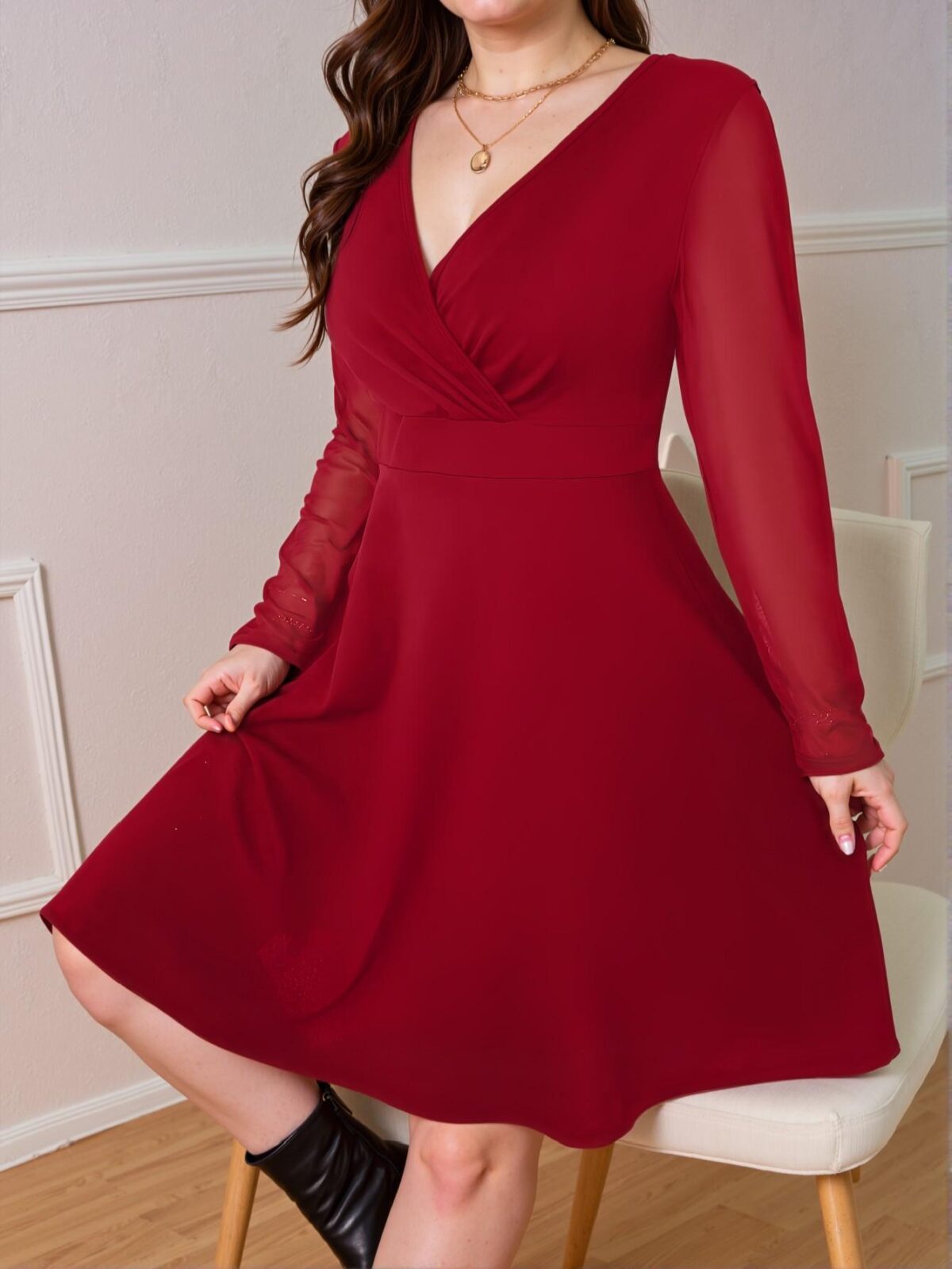 Elegant Burgundy A-Line Dress with Overlapping V-Neck and Long Bishop Sleeves for Spring and Summer Gatherings - Chic, Classy and Trendy Fashion Style to Dress to Impress - Image 4