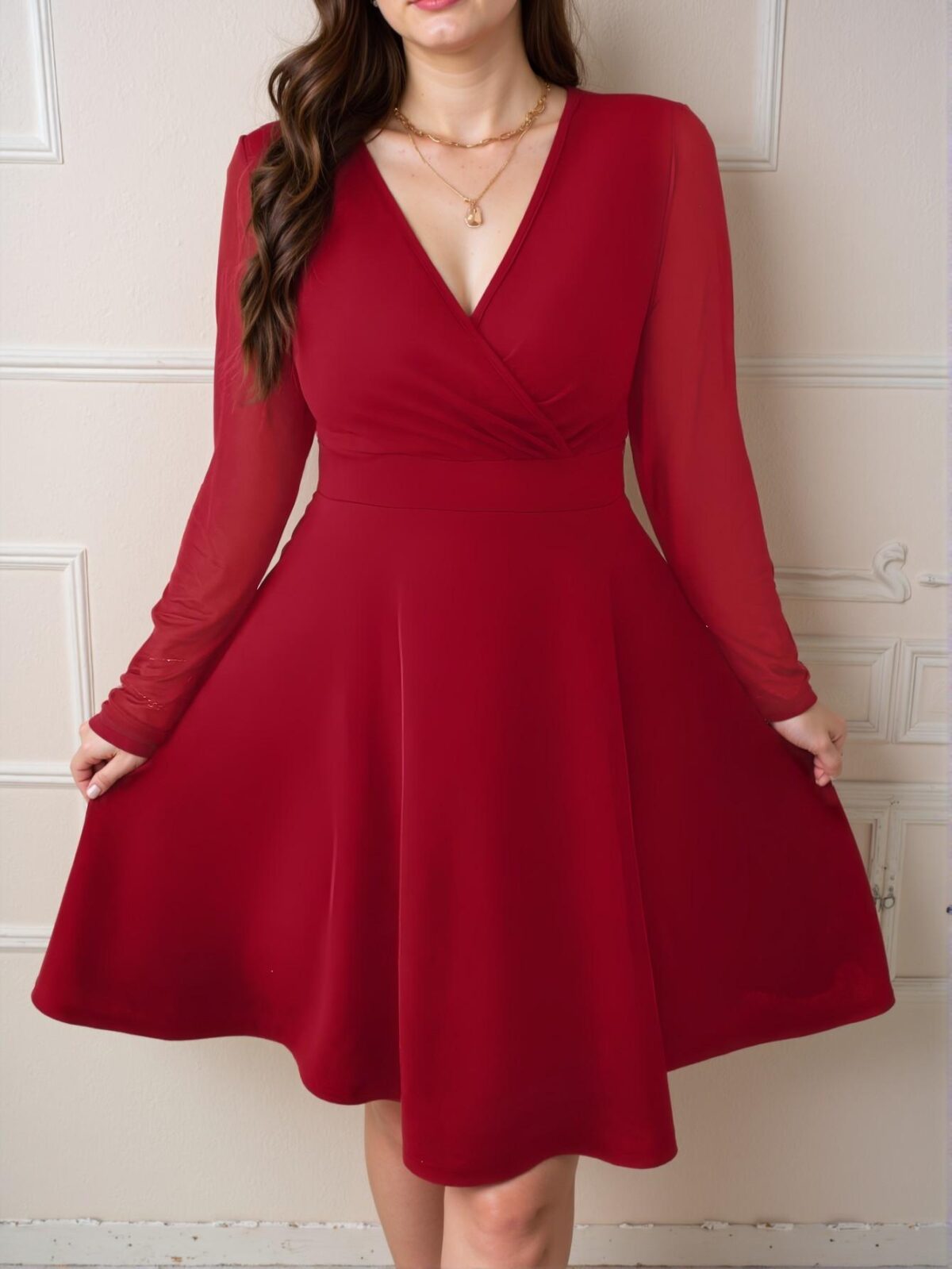 Elegant Burgundy A-Line Dress with Overlapping V-Neck and Long Bishop Sleeves for Spring and Summer Gatherings - Chic, Classy and Trendy Fashion Style to Dress to Impress - Image 5