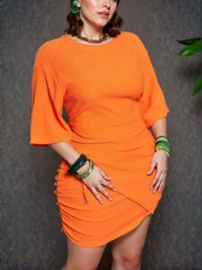 Elegant Coral Orange Stylish Plus Size Cross Ruched Hem Mini Dress for Spring and Summer Chic, Classy and Trendy Fashion Style to Dress to Impress