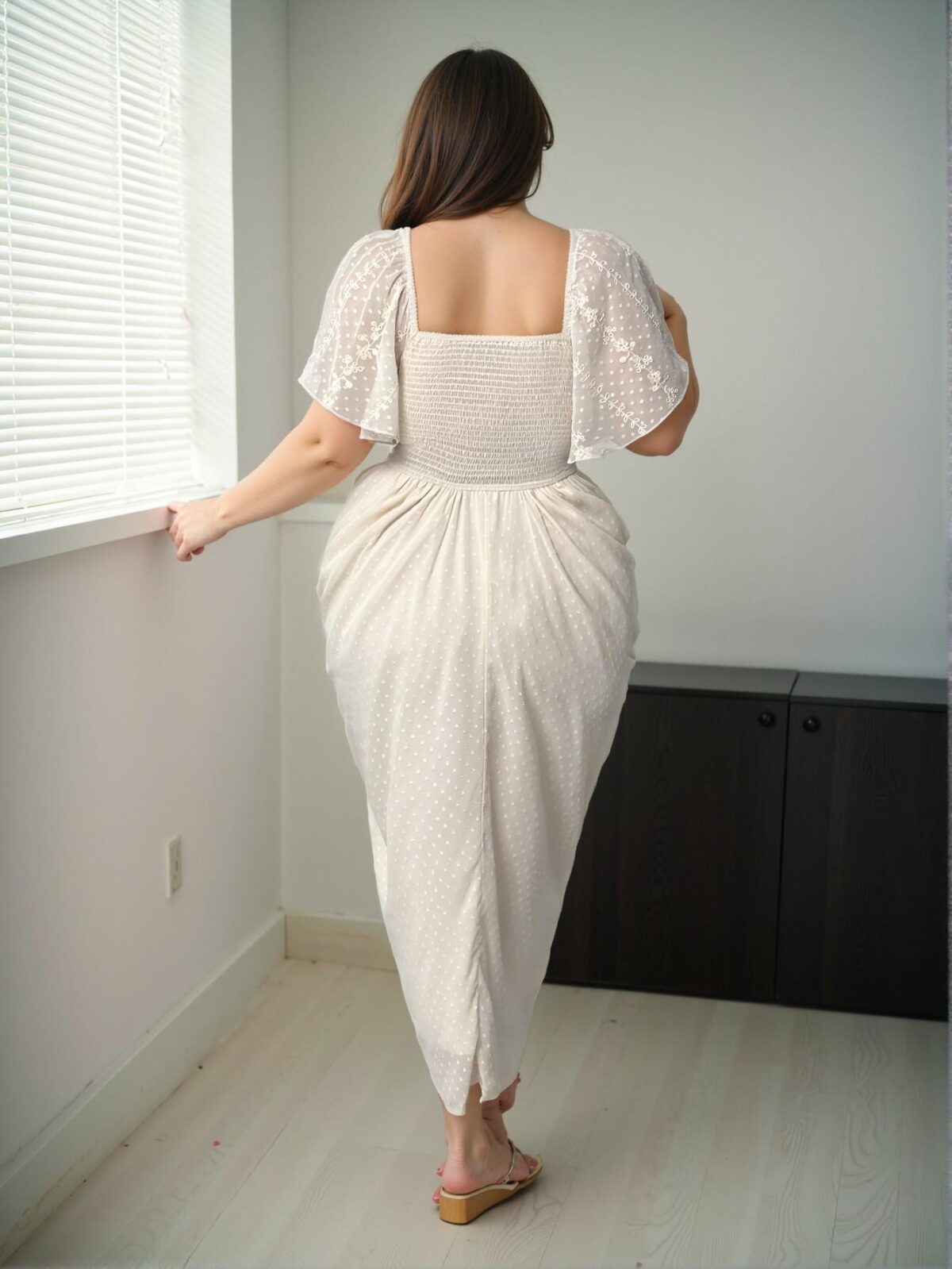 Elegant Apricot Flounce Sleeve Sweetheart Neckline Embroidered Textured Chiffon Dress for Casual Party Wear in Spring and Summer - Chic, Classy and Trendy Fashion Style to Dress to Impress - Image 2