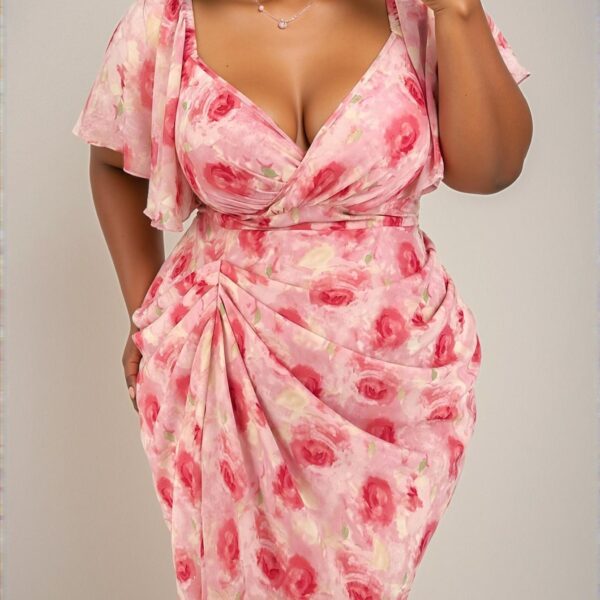 Elegant Pink Charming Floral Chiffon Ruffle Hem Dress for Spring and Summer - Chic, Classy and Trendy Fashion Style to Dress to Impress