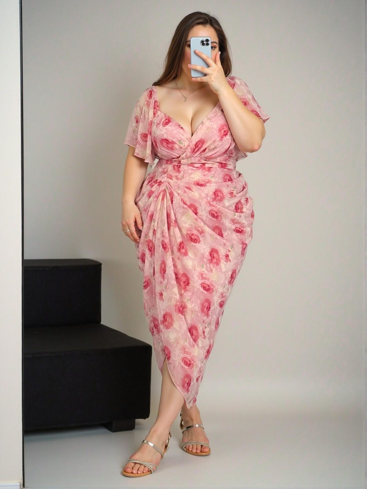 Elegant Pink Charming Floral Chiffon Ruffle Hem Dress for Spring and Summer - Chic, Classy and Trendy Fashion Style to Dress to Impress - Image 3