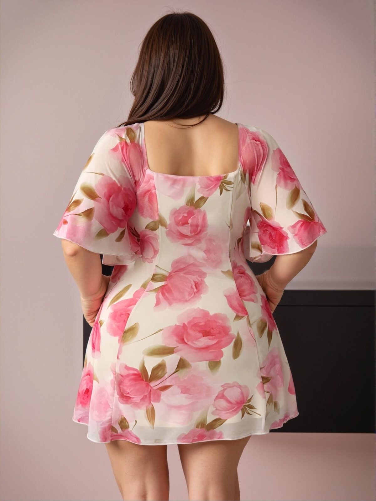 Elegant Pink Romantic Floral Print Flounce Sleeve Dress for Spring and Summer - Chic, Classy, and Trendy Fashion Style to Dress to Impress - Image 2