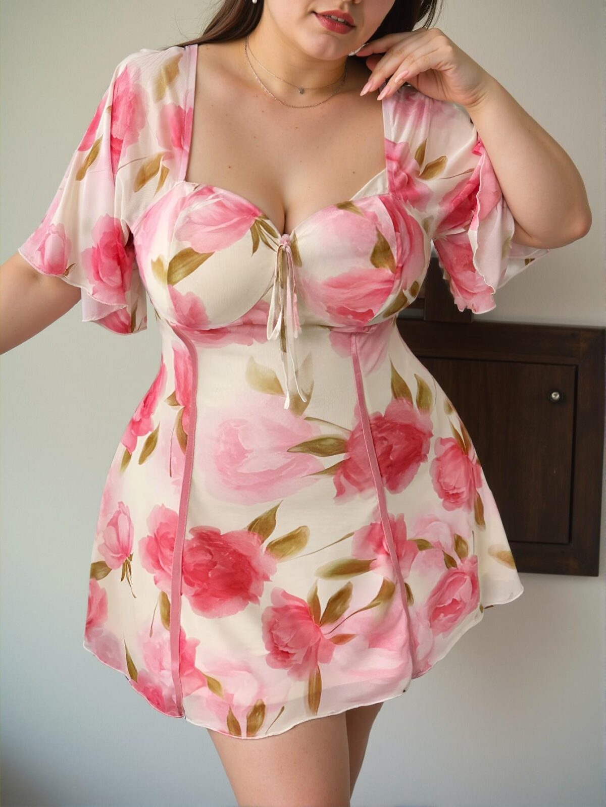 Elegant Pink Romantic Floral Print Flounce Sleeve Dress for Spring and Summer - Chic, Classy, and Trendy Fashion Style to Dress to Impress - Image 5