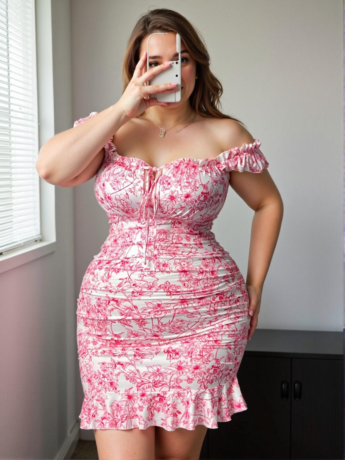 Elegant Pink Bohemian Floral V-Neck Ruffle Trim Bodycon Mini Dress with Side Ruched Detail for Spring and Summer Getaways – Chic, Classy, and Trendy Fashion Style to Dress to Impress - Image 5