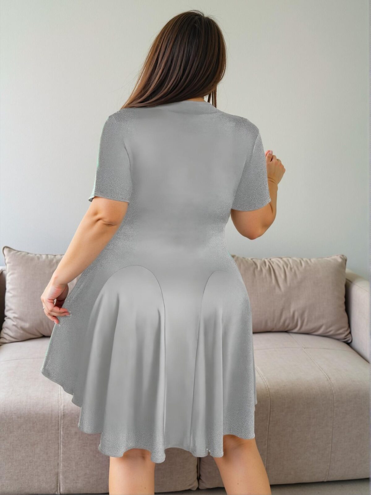 Elegant Grey Fitted Contrast Color Casual A-Line Dress with Stand Collar and Zip Closure for Spring and Summer Chic, Classy and Trendy Fashion Style to Dress to Impress - Image 2