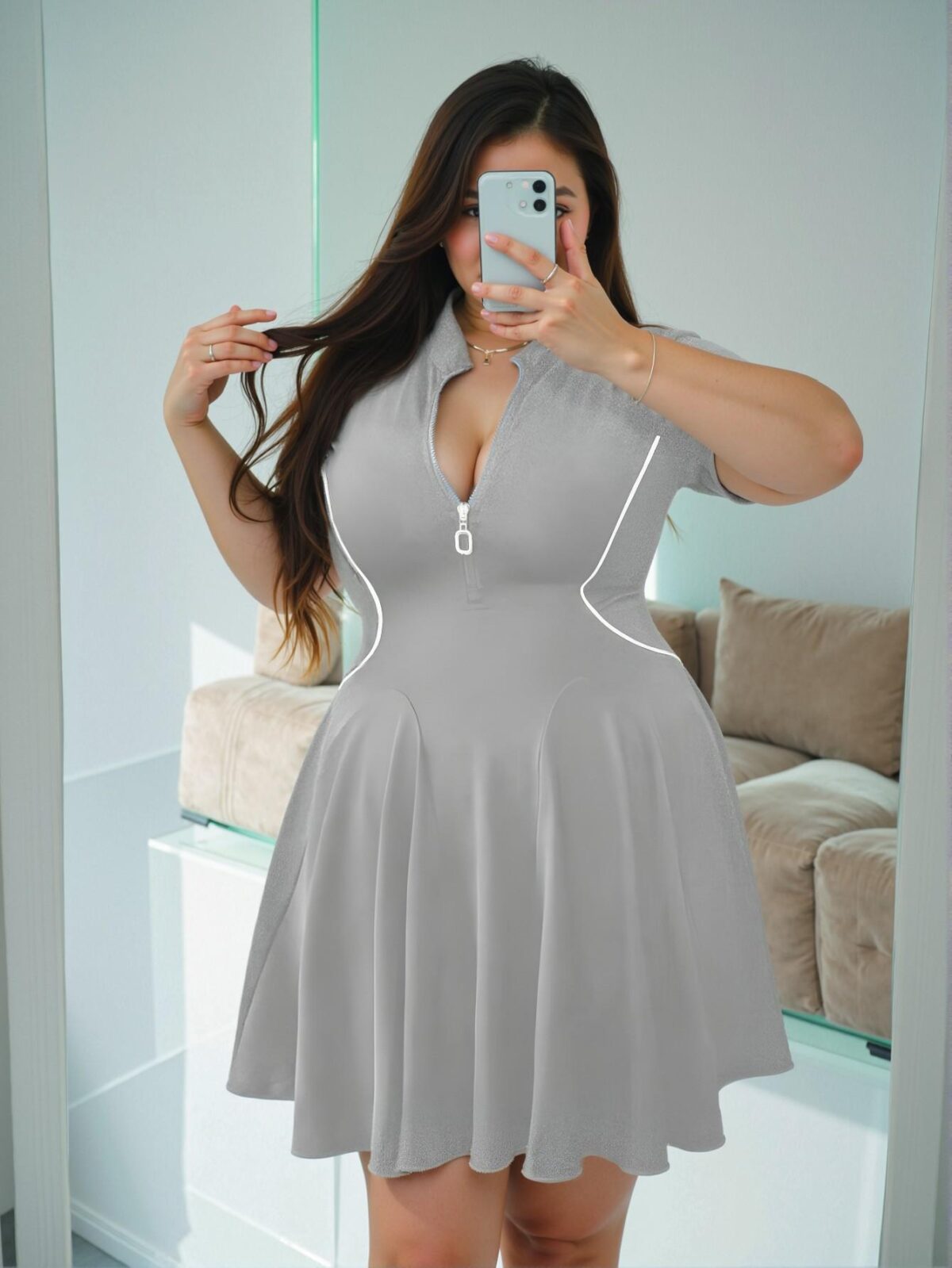 Elegant Grey Fitted Contrast Color Casual A-Line Dress with Stand Collar and Zip Closure for Spring and Summer Chic, Classy and Trendy Fashion Style to Dress to Impress - Image 3
