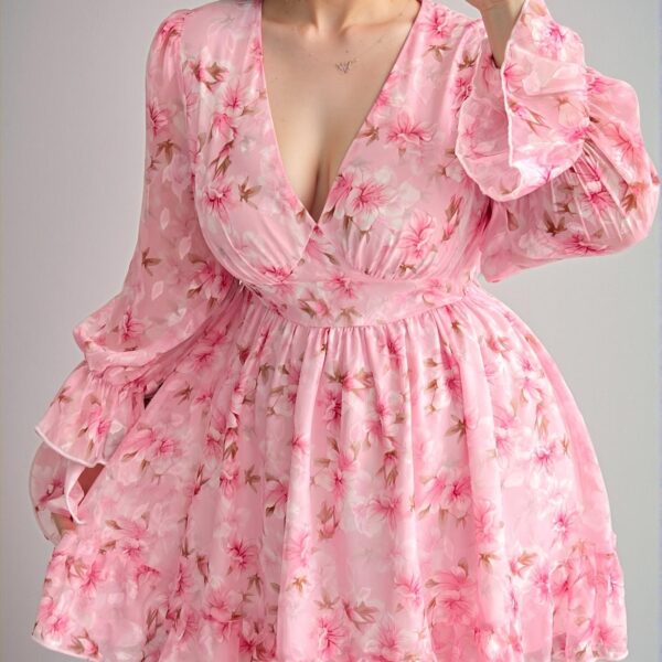 Elegant Pink Charming Floral Flounce Sleeve Ruffle Hem Mini Dress in Retro French Style for Early Autumn and Spring Celebrations - Chic, Classy and Trendy Fashion Style to Dress to Impress