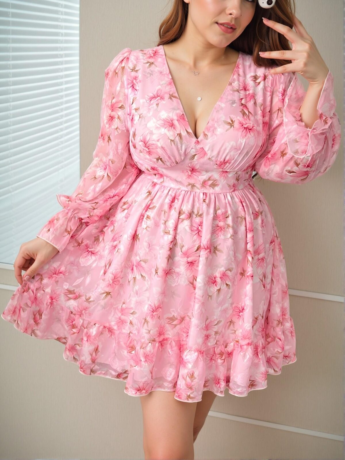 Elegant Pink Charming Floral Flounce Sleeve Ruffle Hem Mini Dress in Retro French Style for Early Autumn and Spring Celebrations - Chic, Classy and Trendy Fashion Style to Dress to Impress - Image 3