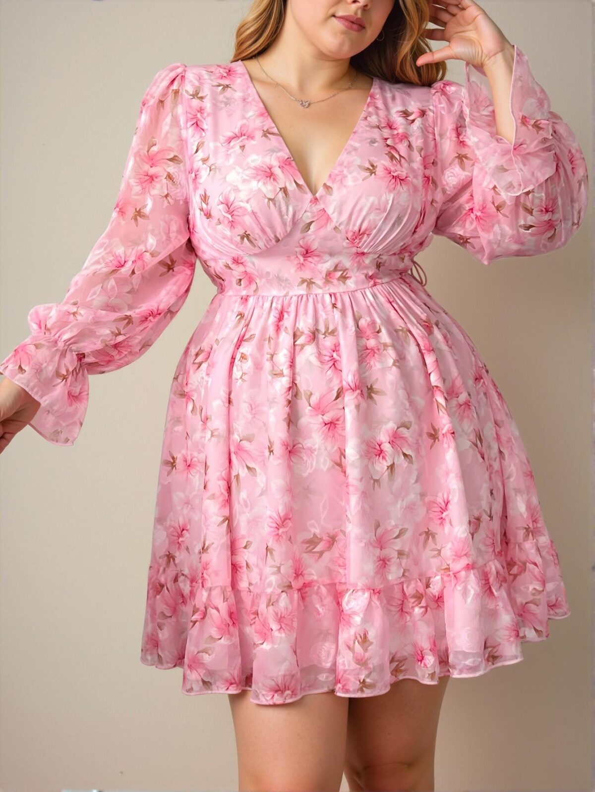 Elegant Pink Charming Floral Flounce Sleeve Ruffle Hem Mini Dress in Retro French Style for Early Autumn and Spring Celebrations - Chic, Classy and Trendy Fashion Style to Dress to Impress - Image 4