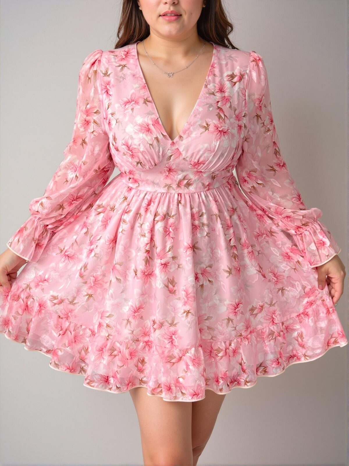 Elegant Pink Charming Floral Flounce Sleeve Ruffle Hem Mini Dress in Retro French Style for Early Autumn and Spring Celebrations - Chic, Classy and Trendy Fashion Style to Dress to Impress - Image 5