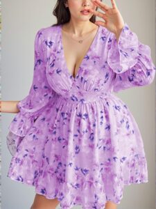 Elegant Mauve Purple Vintage Floral Ruffled Mini Dress with Long Sleeves for Autumn and Spring - Chic, Classy and Trendy Fashion Style to Dress to Impress