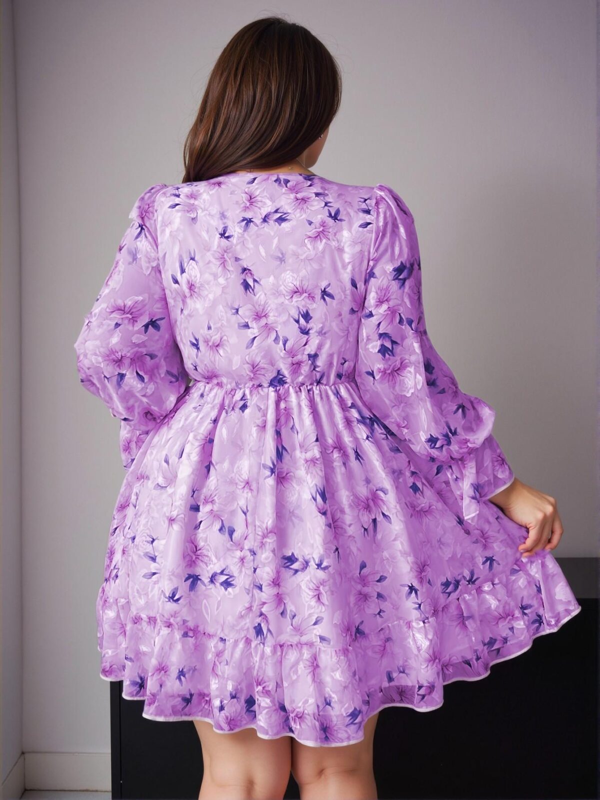 Elegant Mauve Purple Vintage Floral Ruffled Mini Dress with Long Sleeves for Autumn and Spring - Chic, Classy and Trendy Fashion Style to Dress to Impress - Image 2