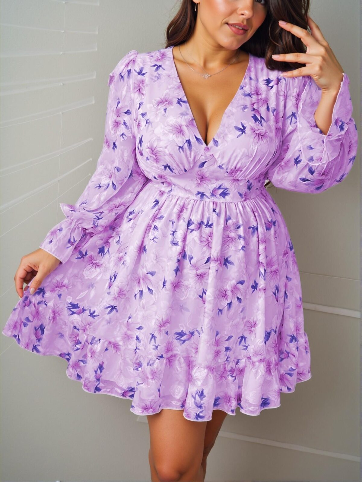 Elegant Mauve Purple Vintage Floral Ruffled Mini Dress with Long Sleeves for Autumn and Spring - Chic, Classy and Trendy Fashion Style to Dress to Impress - Image 4