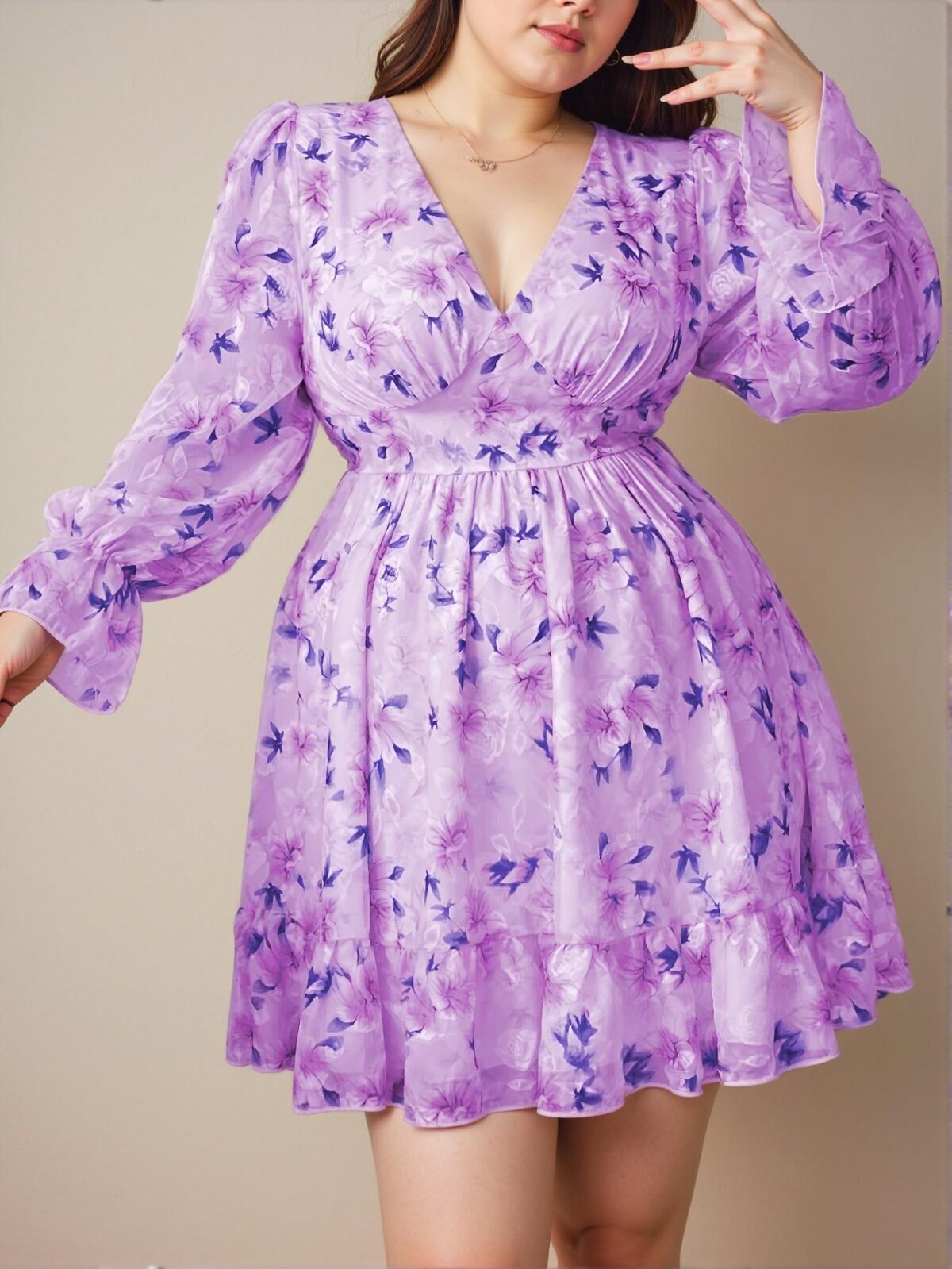 Elegant Mauve Purple Vintage Floral Ruffled Mini Dress with Long Sleeves for Autumn and Spring - Chic, Classy and Trendy Fashion Style to Dress to Impress - Image 5