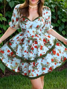 Elegant Blue Asymmetrical Strawberry Print Mini Dress with Tie Waist for the Perfect Spring and Summer Look - Chic, Classy and Trendy Fashion Style to Dress to Impress