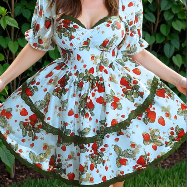 Elegant Blue Asymmetrical Strawberry Print Mini Dress with Tie Waist for the Perfect Spring and Summer Look - Chic, Classy and Trendy Fashion Style to Dress to Impress