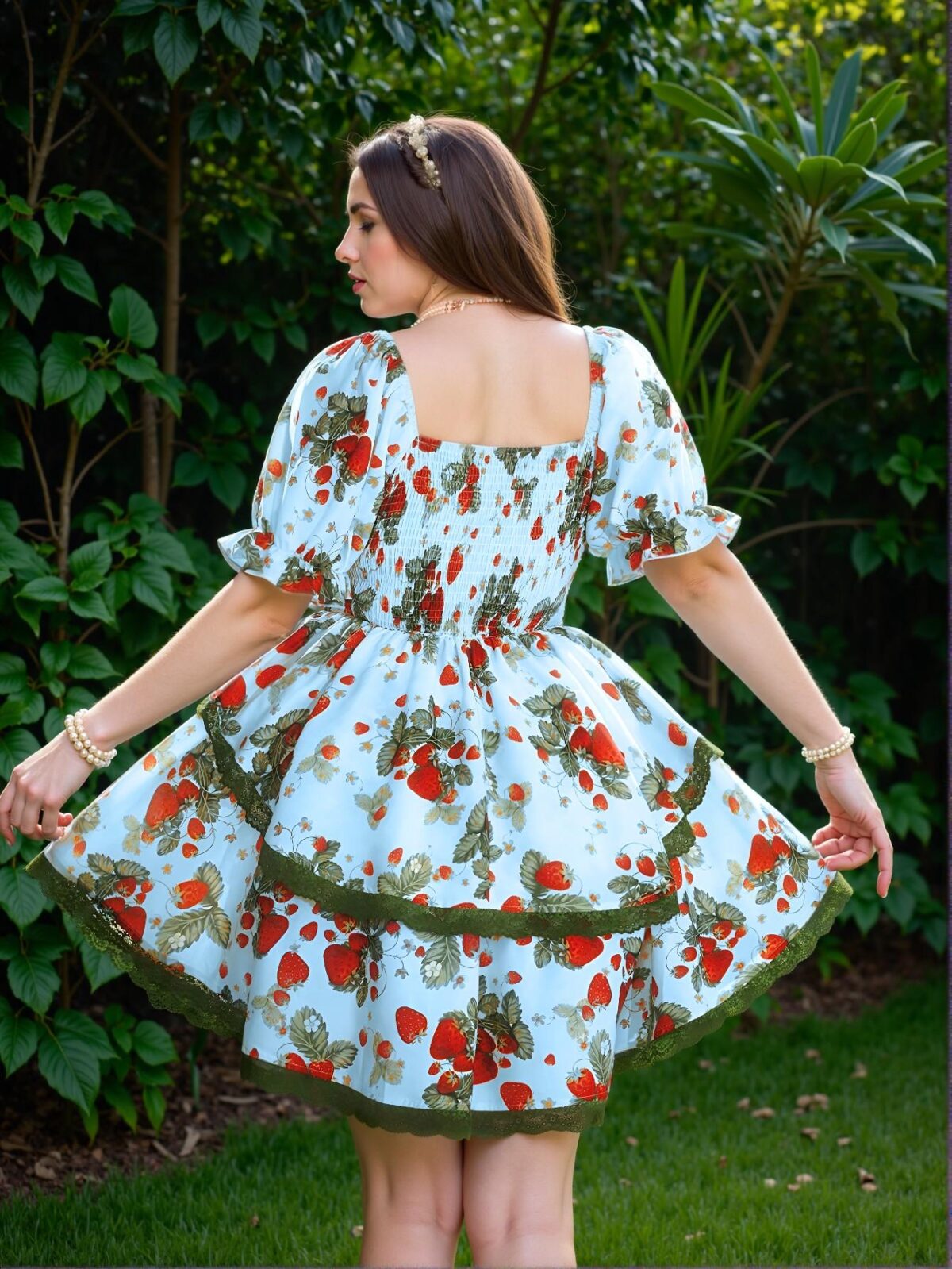 Elegant Blue Asymmetrical Strawberry Print Mini Dress with Tie Waist for the Perfect Spring and Summer Look - Chic, Classy and Trendy Fashion Style to Dress to Impress - Image 2