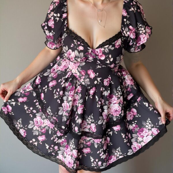 Elegant Multicolor Boho Floral Print Square Neck Puff Sleeve High Waist Casual Dress with Tiered Irregular Hem for Spring and Summer - Chic, Classy and Trendy Fashion Style to Dress to Impress