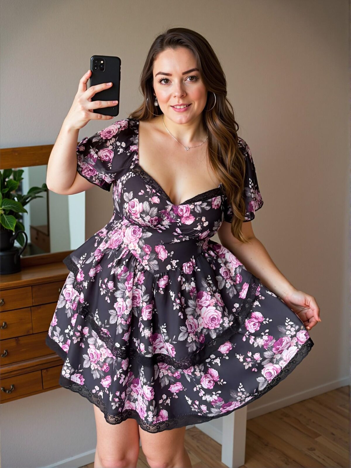Elegant Multicolor Boho Floral Print Square Neck Puff Sleeve High Waist Casual Dress with Tiered Irregular Hem for Spring and Summer - Chic, Classy and Trendy Fashion Style to Dress to Impress - Image 3