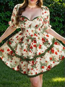 Elegant Multicolor Strawberry Print Tie Waist Sleeveless Asymmetric Dress, Perfect for Spring and Summer Events - Chic, Classy and Trendy Fashion Style to Dress to Impress