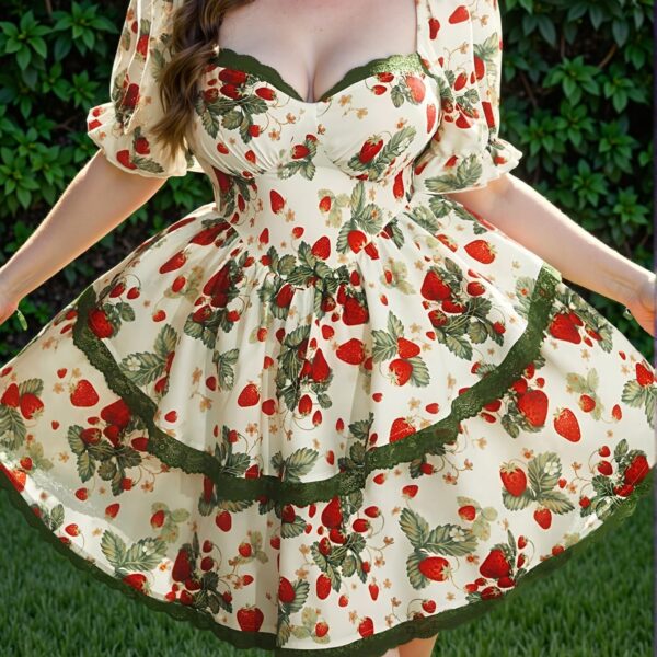 Elegant Multicolor Strawberry Print Tie Waist Sleeveless Asymmetric Dress, Perfect for Spring and Summer Events - Chic, Classy and Trendy Fashion Style to Dress to Impress