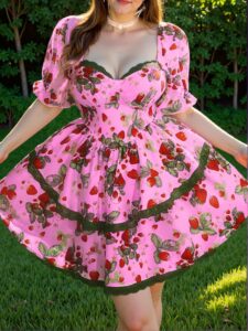 Elegant Pink Stylish Strawberry Print V-Neck Tied Waist Sleeveless Asymmetric Hem Casual Dress, Versatile and Chic Summer Slip Dress "Chic, Classy and Trendy Fashion Style to Dress to Impress"