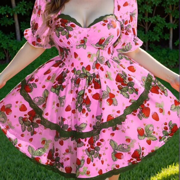 Elegant Pink Stylish Strawberry Print V-Neck Tied Waist Sleeveless Asymmetric Hem Casual Dress, Versatile and Chic Summer Slip Dress "Chic, Classy and Trendy Fashion Style to Dress to Impress"