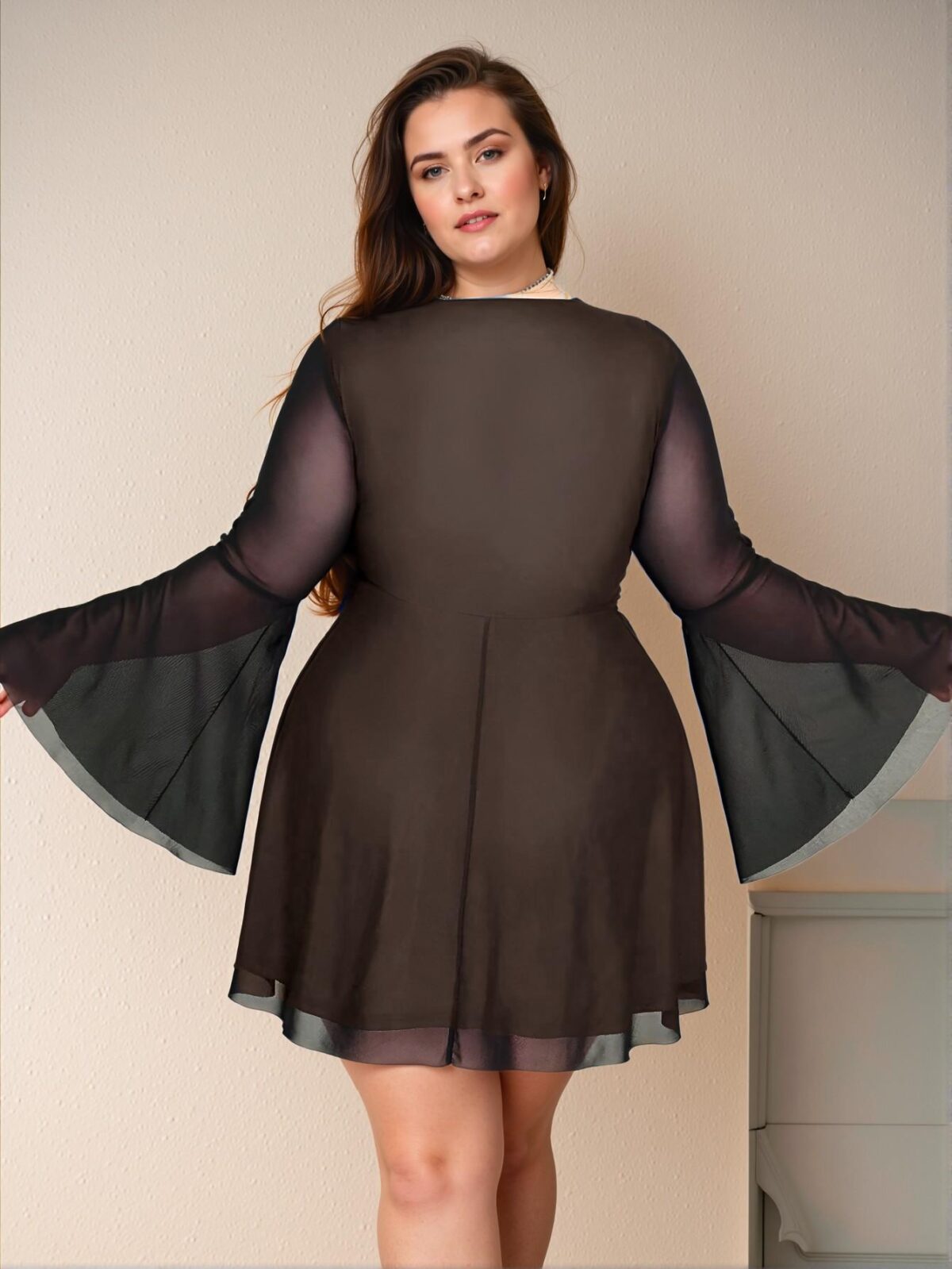 Elegant Camel Flared A-Line Short Dress with V-Neck and Flounce Sleeves, Perfect for Spring and Summer - Chic, Classy, and Trendy Fashion Style to Dress to Impress - Image 2