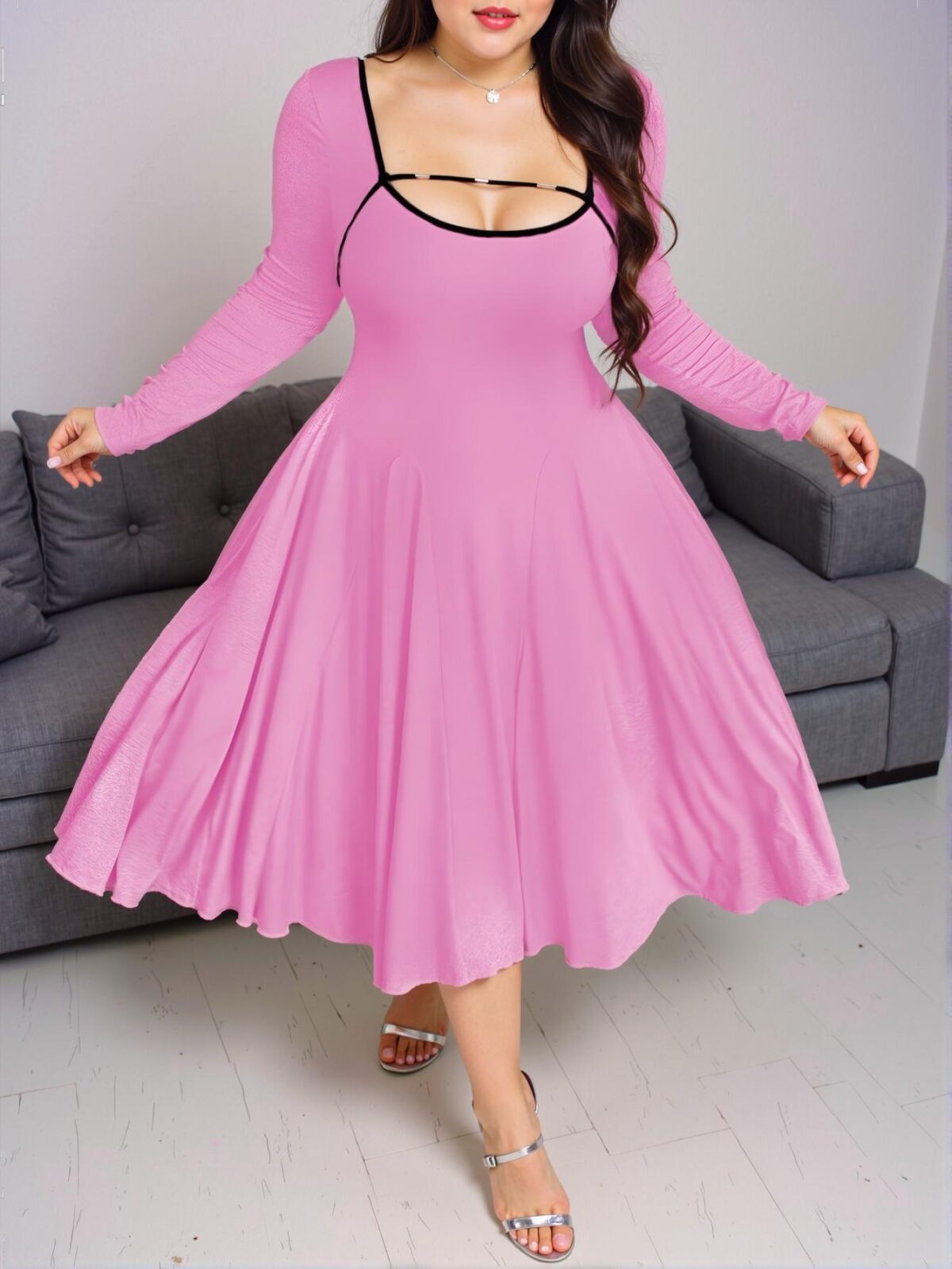 Elegant Pink Stylish Color Block Knitted Fitted Waist Dress Perfect for Spring and Summer - Chic, Classy and Trendy Fashion Style to Dress to Impress - Image 3