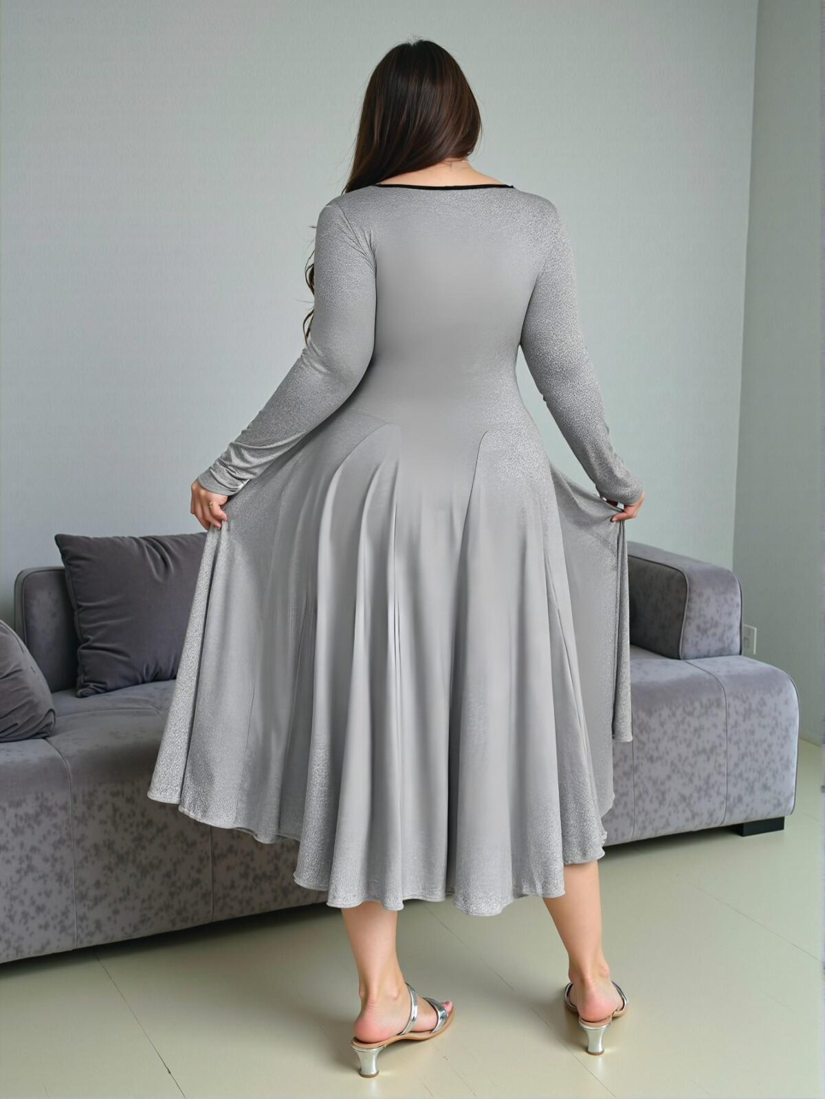 Elegant Light Grey Color Block A-Line Knitted Waist Midi Dress for Spring and Summer Chic, Classy and Trendy Fashion Style to Dress to Impress - Image 2