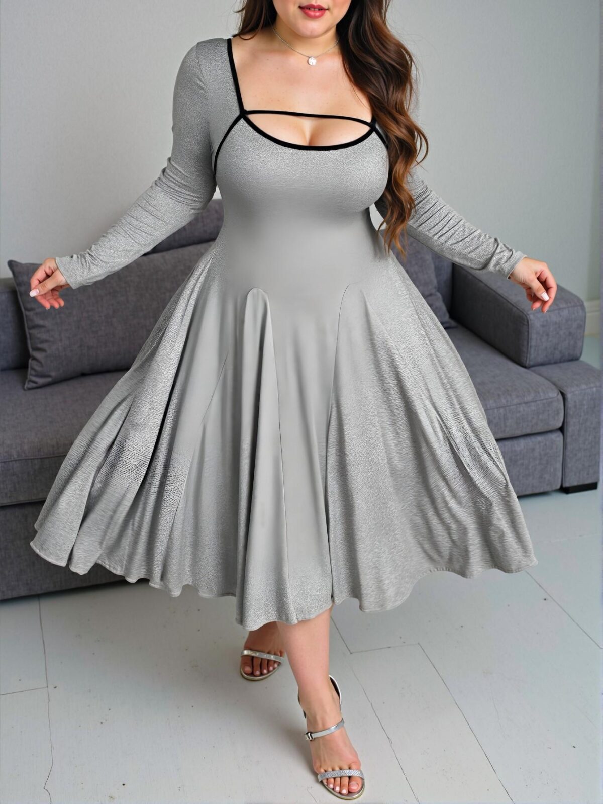 Elegant Light Grey Color Block A-Line Knitted Waist Midi Dress for Spring and Summer Chic, Classy and Trendy Fashion Style to Dress to Impress - Image 3