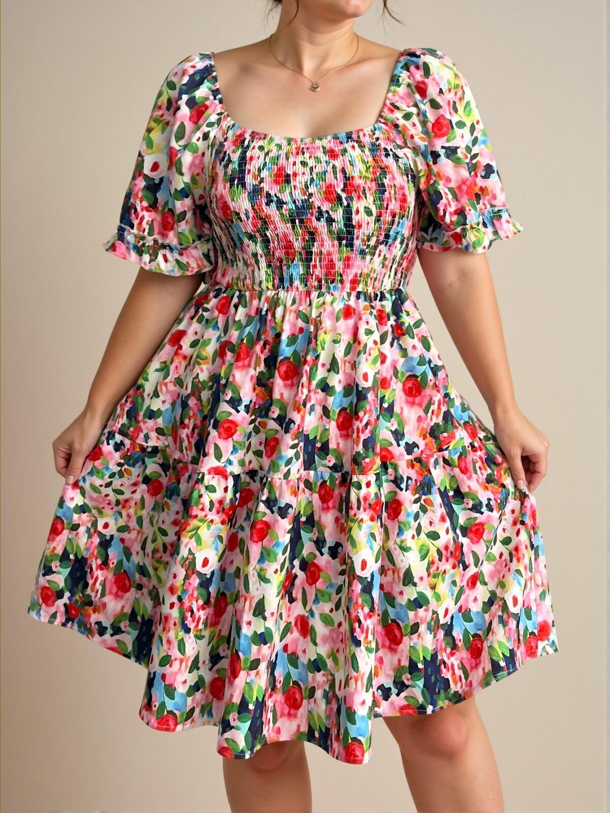 Elegant Multicolor Plus Size Square Neck Ruffle Sleeve Pleated Waist Dress for a Stylish Vacation in Spring and Summer - Chic, Classy and Trendy Fashion Style to Dress to Impress