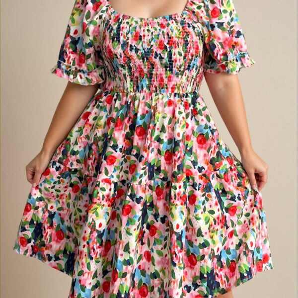 Elegant Multicolor Plus Size Square Neck Ruffle Sleeve Pleated Waist Dress for a Stylish Vacation in Spring and Summer - Chic, Classy and Trendy Fashion Style to Dress to Impress